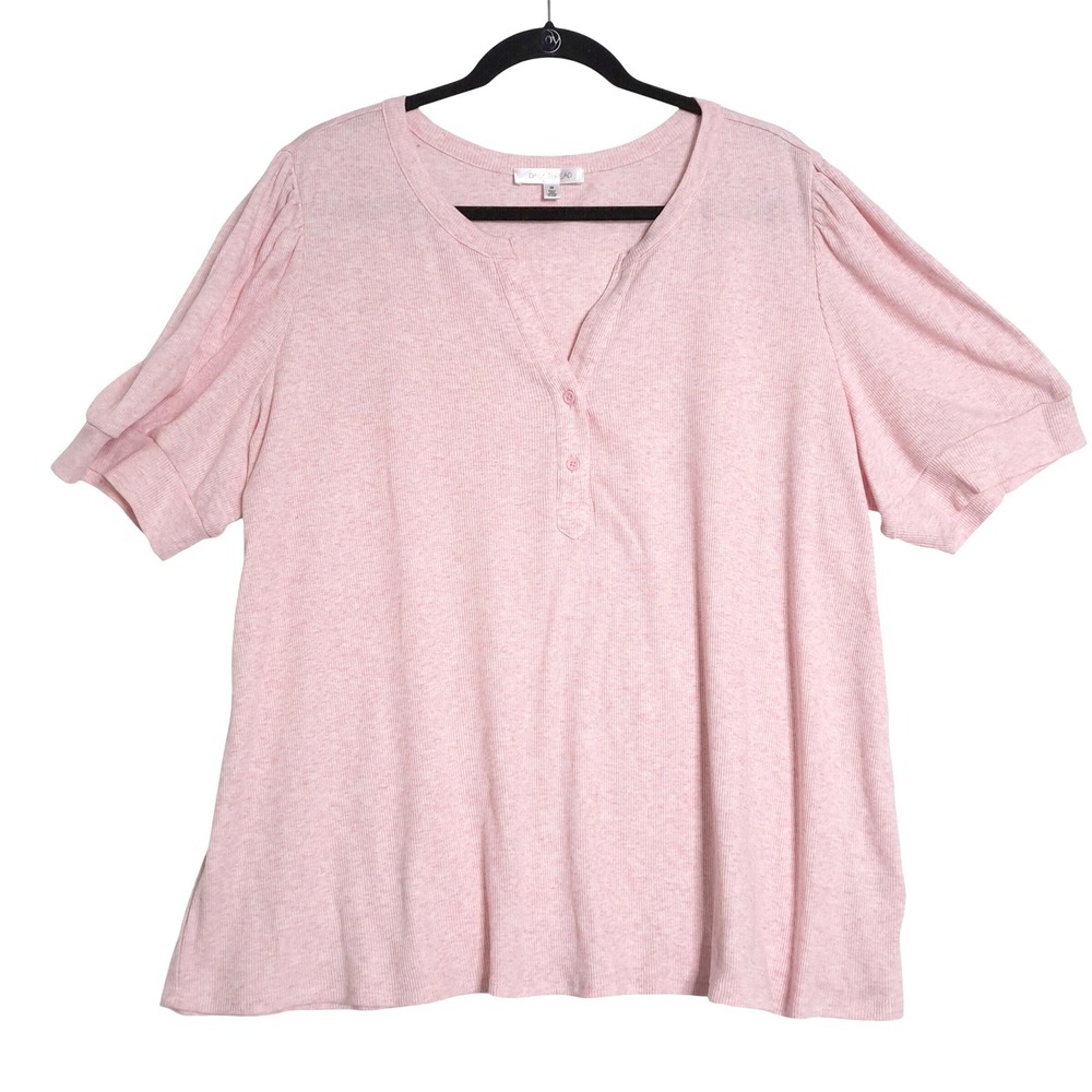 Daily Thread Ribbed Top Womens 3X Pink Heather Puff Sleeve Split V Neck Henley